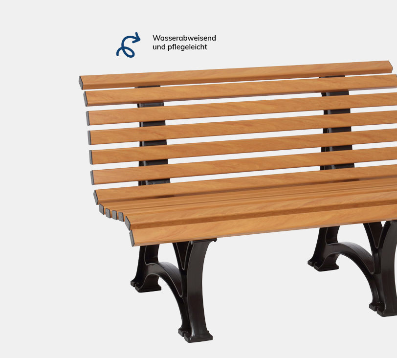 Amrum 2  Sitzer – Bank aus hochwertigem Kunststoff in holzoptik mit Rückenlehne, platziert auf einem neutralgrauen Hintergrund