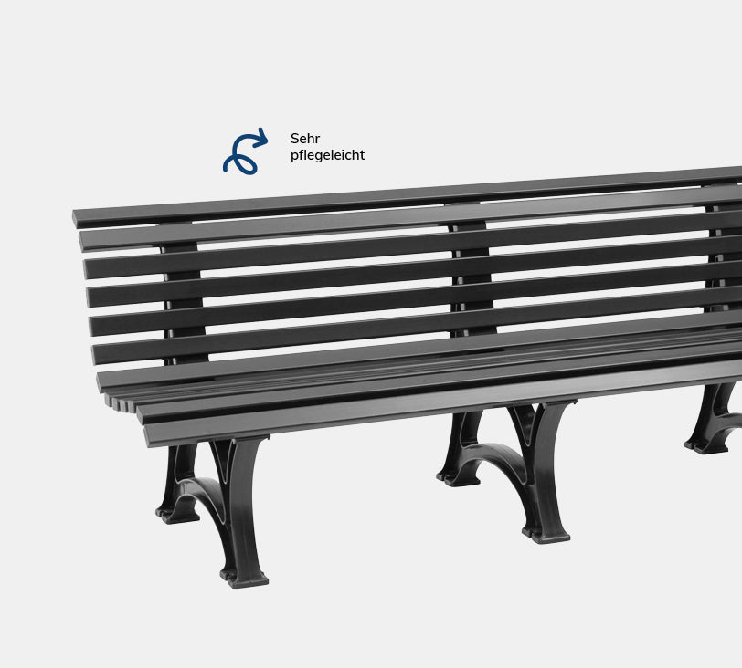Borkum 4  Sitzer – Bank aus hochwertigem Kunststoff in graphit mit Rückenlehne, platziert auf einem neutralgrauen Hintergrund
