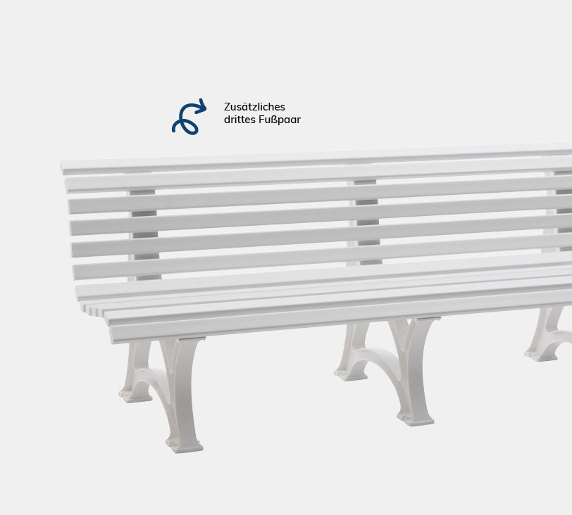 Borkum 4  Sitzer – Bank aus hochwertigem Kunststoff in weiß mit Rückenlehne, platziert auf einem neutralgrauen Hintergrund