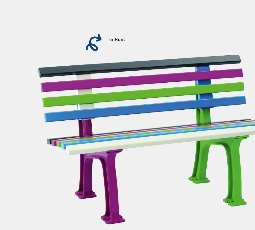 Bank Ibiza in Bunt mit 5 färben weiß, blau, grün, lila und schwarz auf grauem Hintergrund