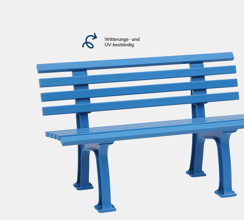 Ibiza 2  Sitzer – Bank aus hochwertigem Kunststoff in Himmelblau mit Rückenlehne, platziert auf einem neutralgrauen Hintergrund