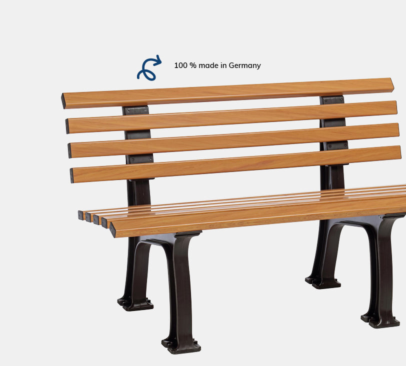 Ibiza 2  Sitzer – Bank aus hochwertigem Kunststoff in Holzoptik mit Rückenlehne, platziert auf einem neutralgrauen Hintergrund