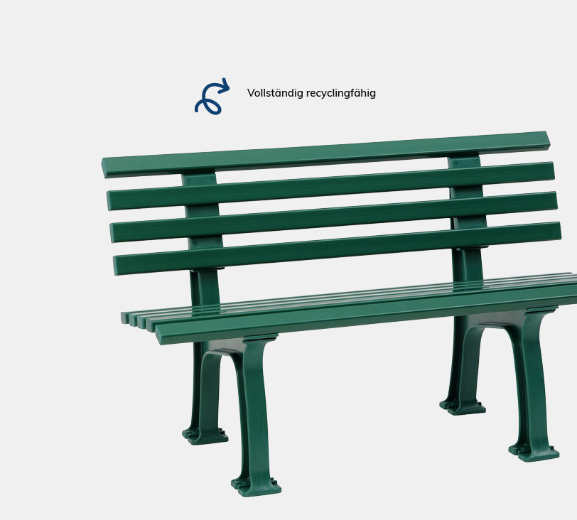 Ibiza 2  Sitzer – Bank aus hochwertigem Kunststoff in moosgrün mit Rückenlehne, platziert auf einem neutralgrauen Hintergrund