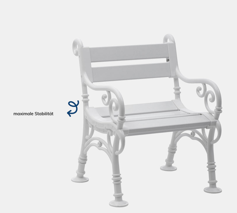 Linderhof ein Sitzer – Bank aus hochwertigem Kunststoff in Weiß mit Rückenlehne, platziert auf einem grauen Hintergrund