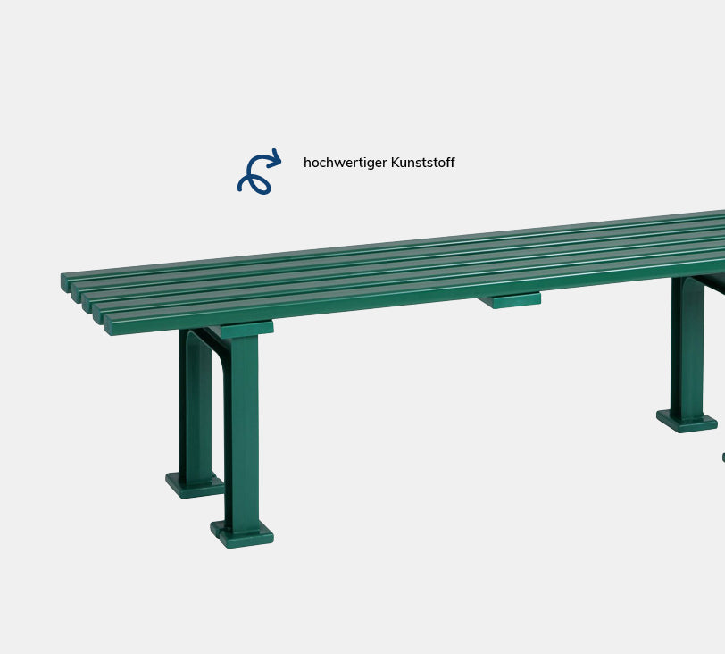 Mono 3 Sitzer – Bank aus hochwertigem Kunststoff in moosgrün ohne Rückenlehne, platziert auf einem neutralgrauen Hintergrund