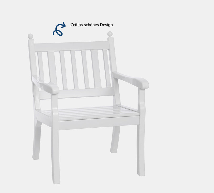 Hohenzollern 1 Sitzer – Bank aus hochwertigem Kunststoff in weiß mit Rückenlehne, platziert auf einem neutralgrauen Hintergrund