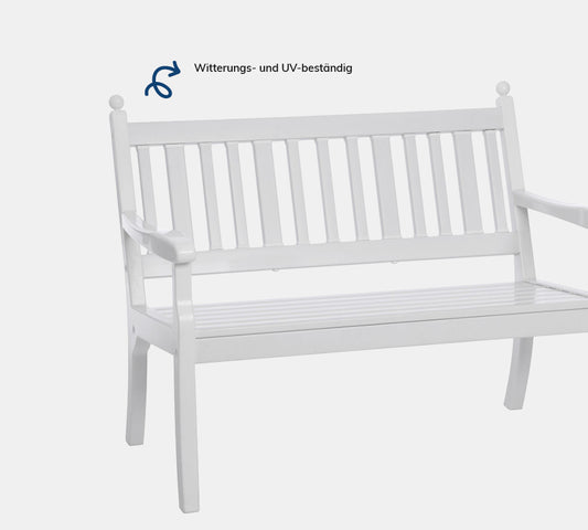 Hohenzollern 2 Sitzer – Bank aus hochwertigem Kunststoff in weiß mit Rückenlehne, platziert auf einem neutralgrauen Hintergrund