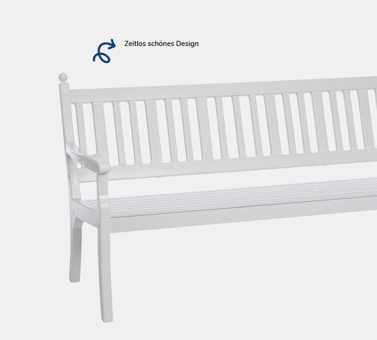 Parkbank Hohenzollern – Bank aus hochwertigem Kunststoff in Weiß mit Rückenlehne, platziert auf einem grauen Hintergrund