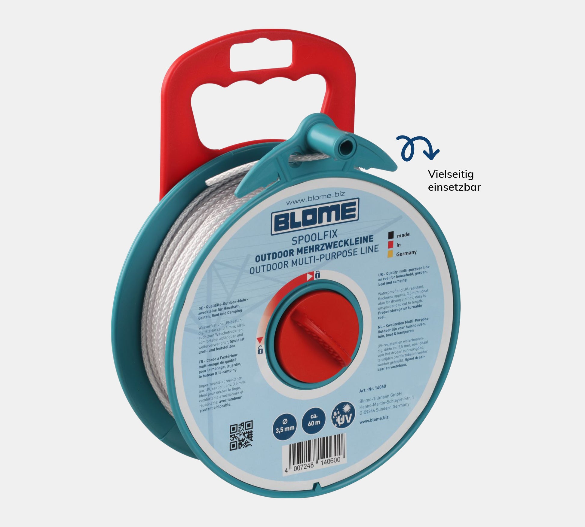 Blome Outdoor Mehrzweckleine aufgerollt auf grauem Hintergrund