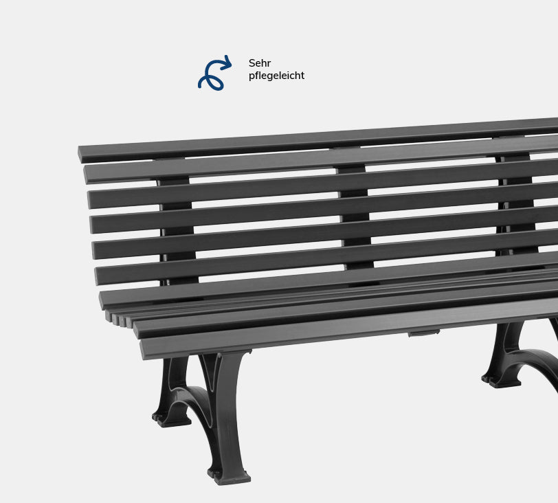 Helgoland 3  Sitzer – Bank aus hochwertigem Kunststoff in graphitgrau mit Rückenlehne, platziert auf einem neutralgrauen Hintergrund